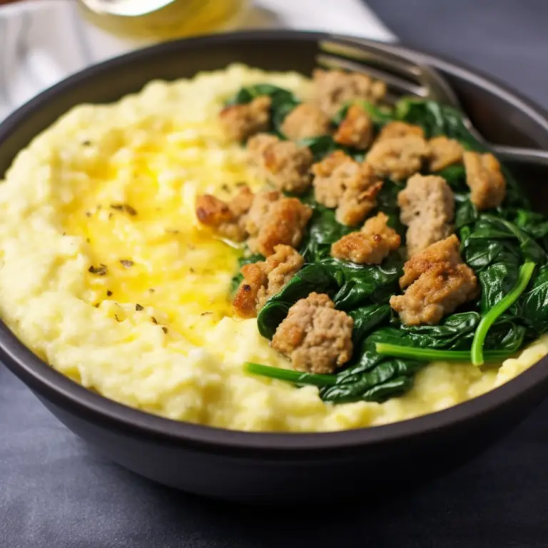 Easy Breakfast Recipe: Cheesy Grits Bowls with Sausage, Scrambled Eggs, and Spinach