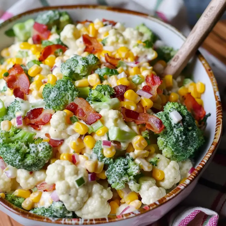 Step-by-Step Guide to Making Creamy Broccoli, Cauliflower, Corn, Bacon Salad