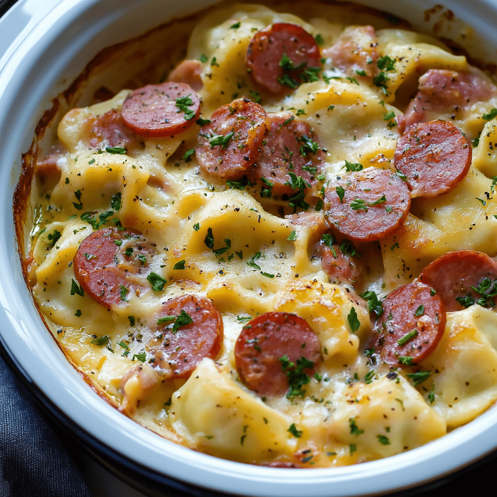 Crockpot Pierogi Casserole with Kielbasa