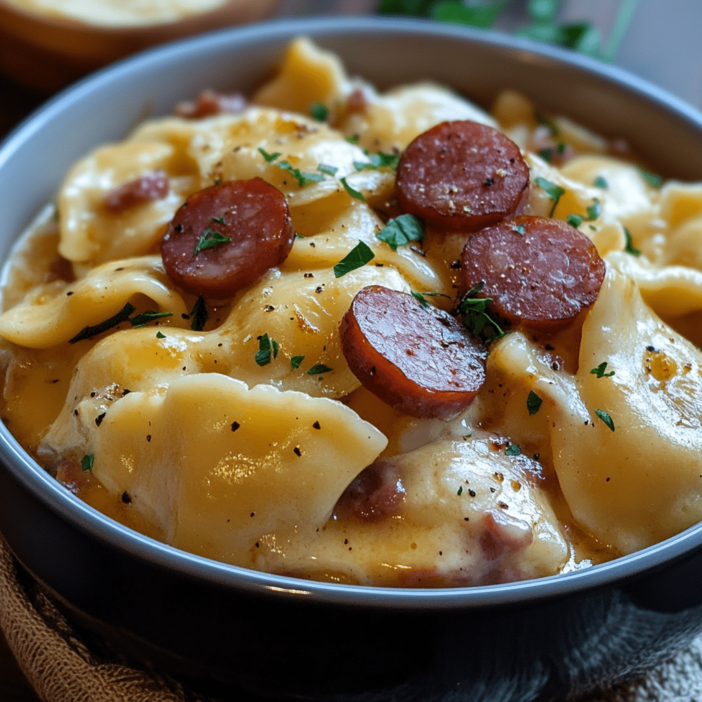 Crockpot Pierogi Casserole with Kielbasa