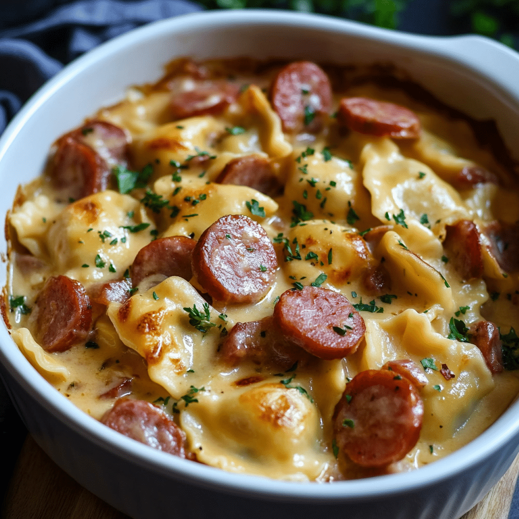 Crockpot Pierogi Casserole with Kielbasa dish