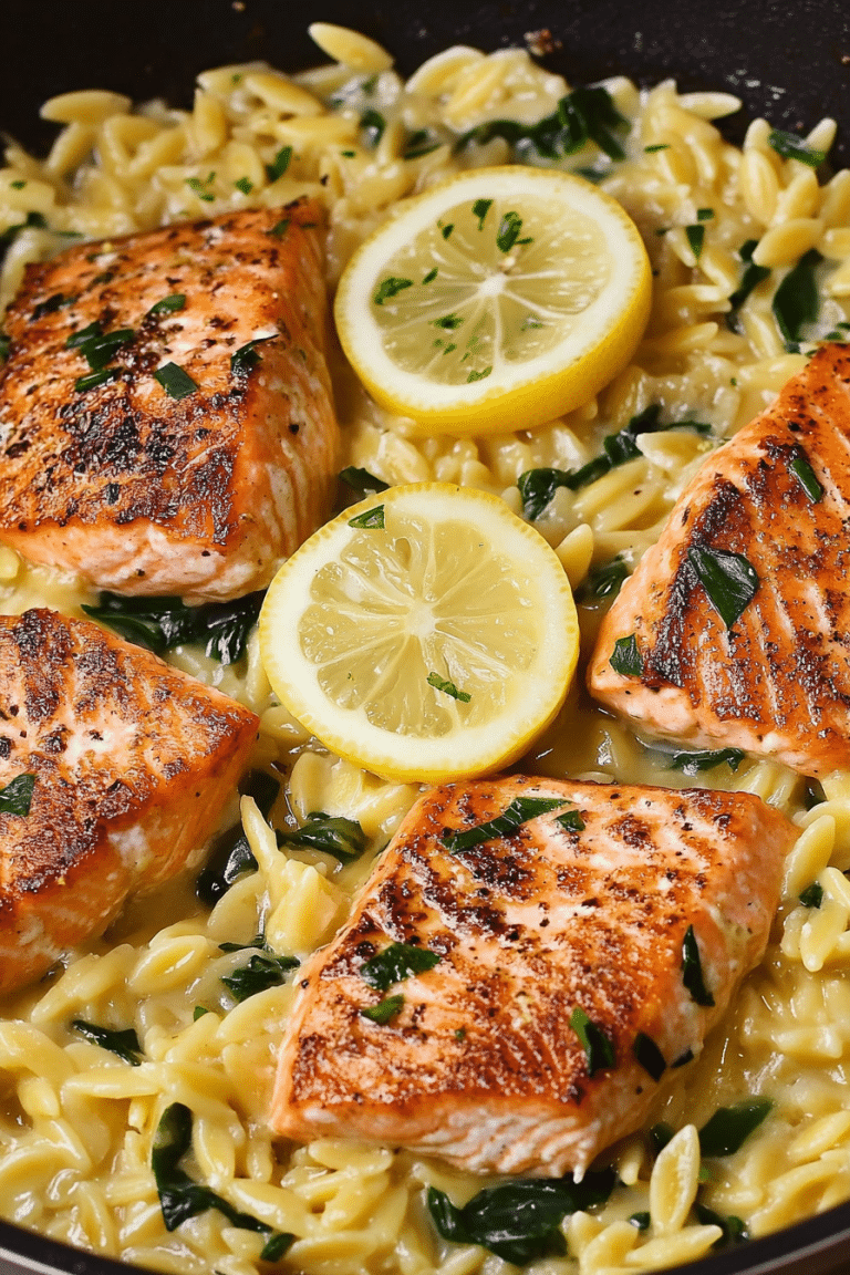 One Skillet Salmon with Lemon Orzo