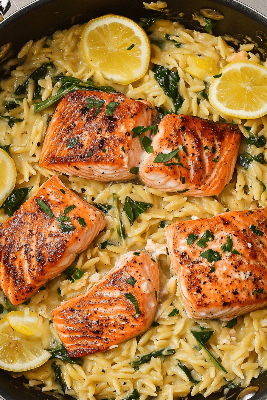 One Skillet Salmon with Lemon Orzo