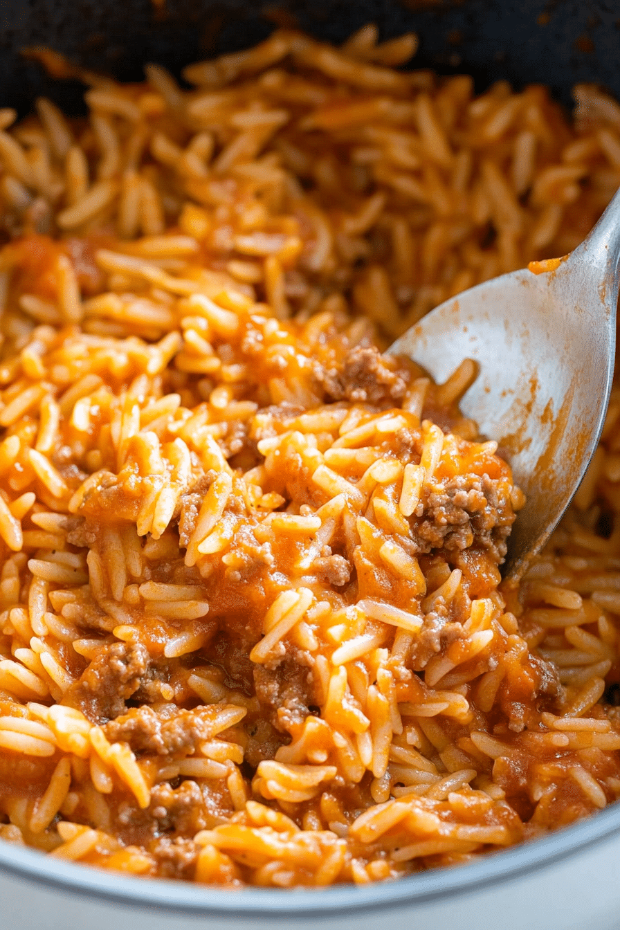 GROUND BEEF ORZO WITH TOMATO CREAM SAUCE