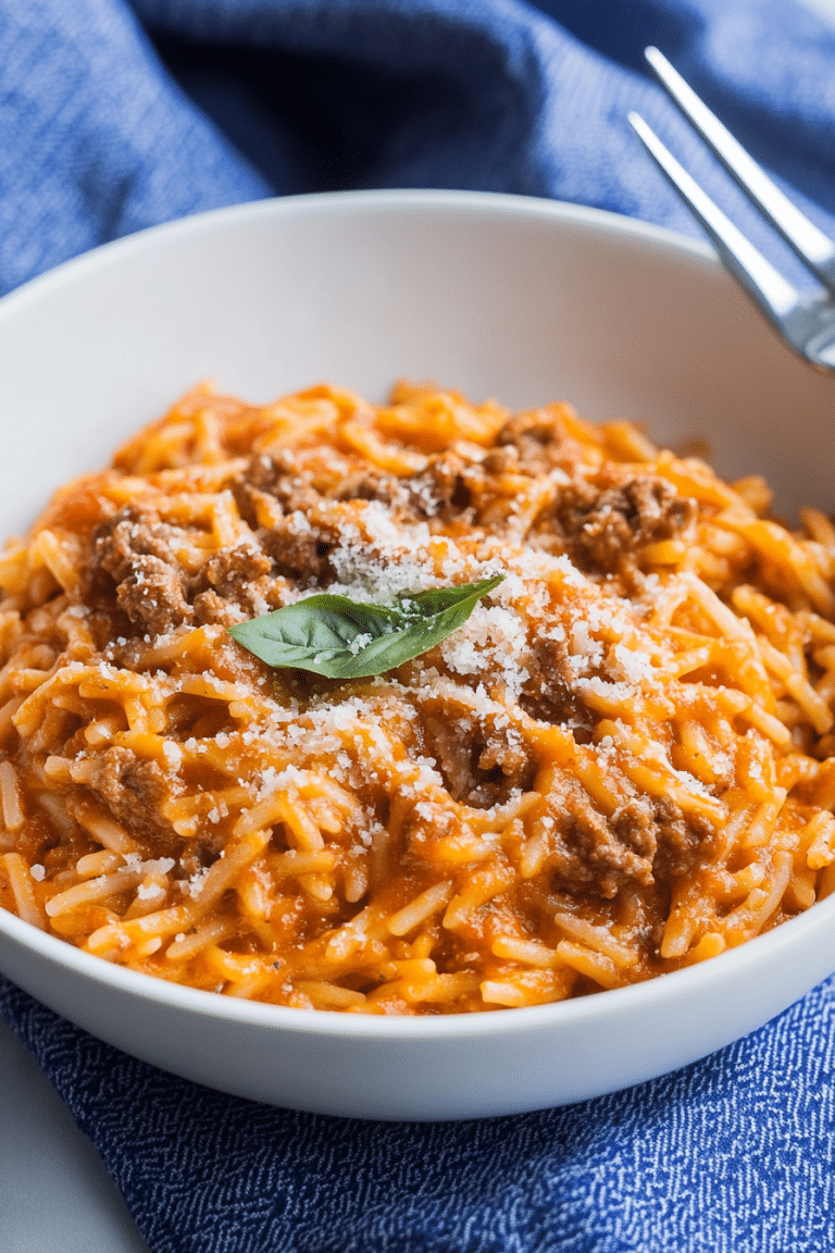 GROUND BEEF ORZO WITH TOMATO CREAM SAUCE