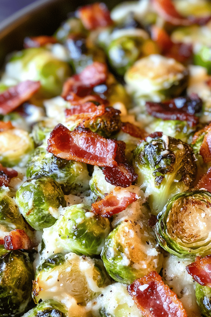 Creamy Garlic Parmesan Brussels Sprouts with Bacon