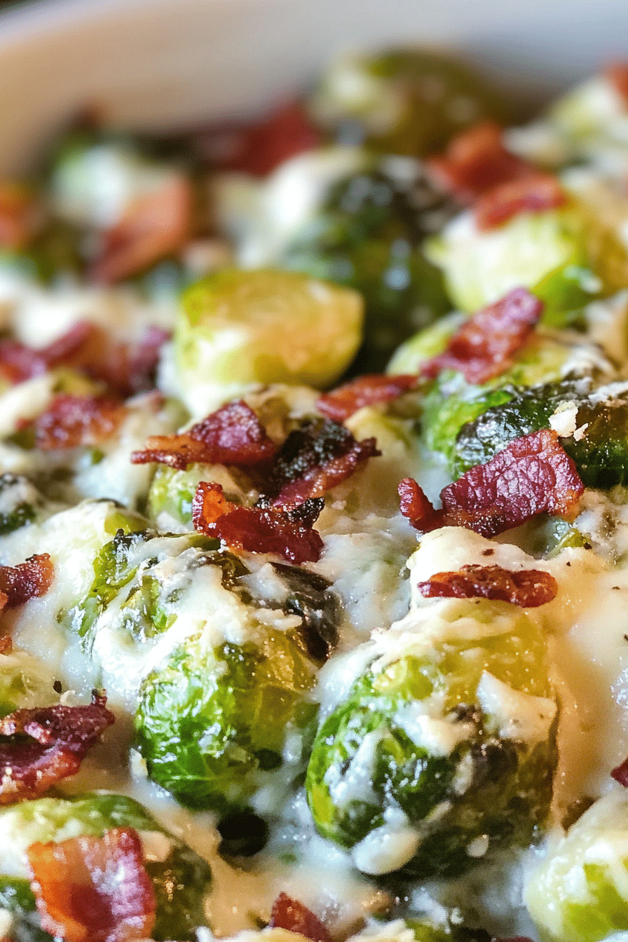 Creamy Garlic Parmesan Brussels Sprouts with Bacon