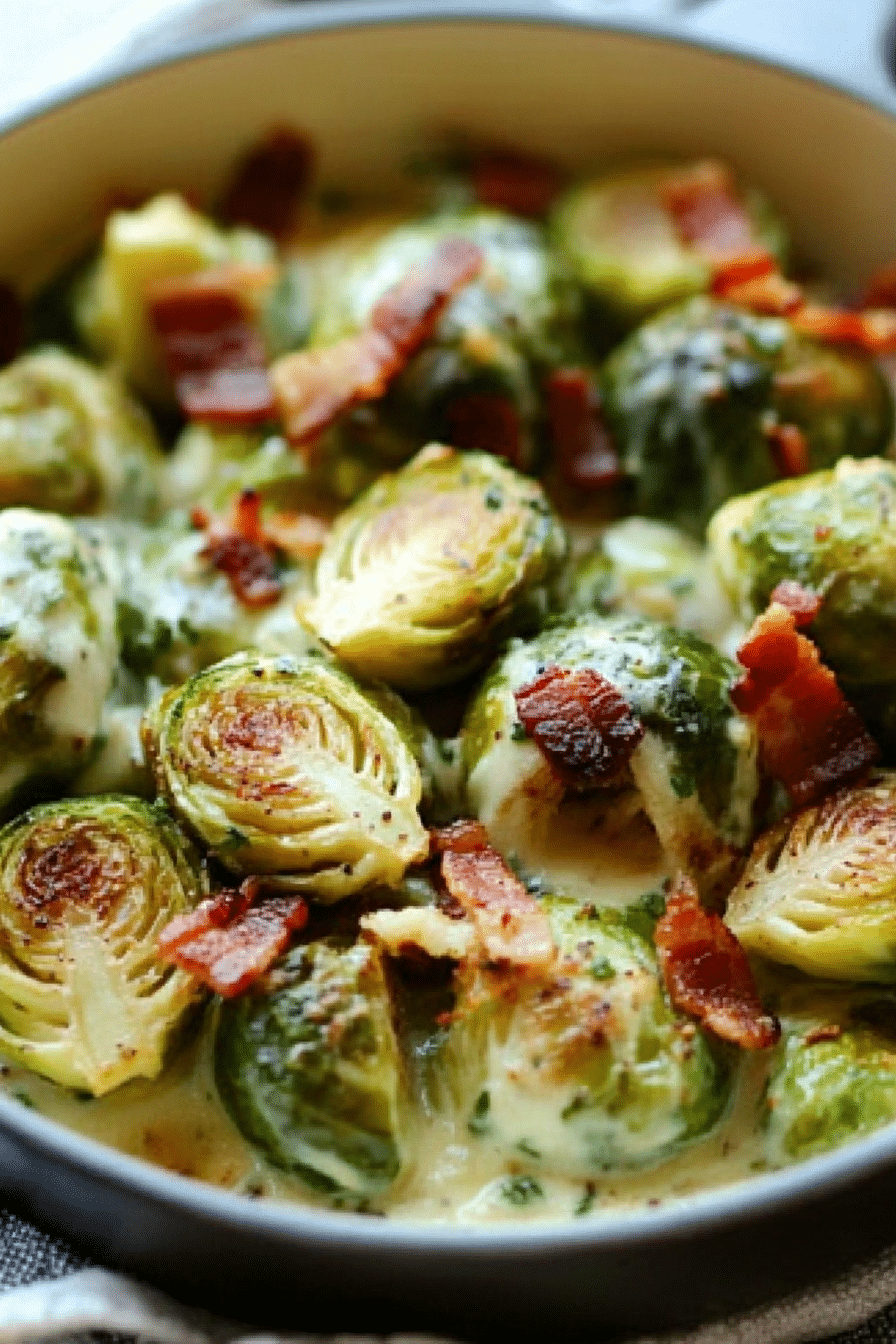 Creamy Garlic Parmesan Brussels Sprouts with Bacon