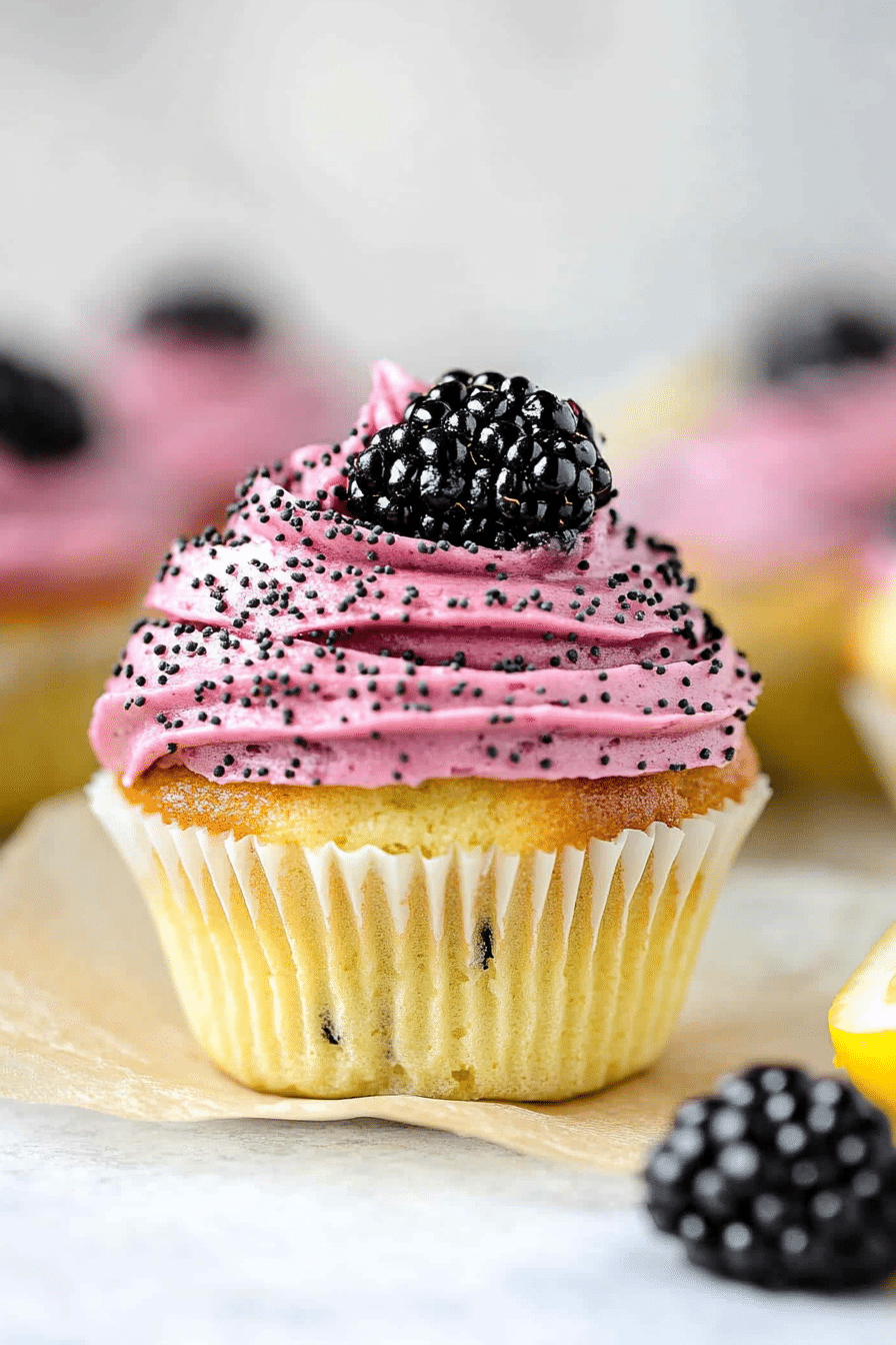 Lemon Poppy Seed Cupcakes with Blackberry Frosting