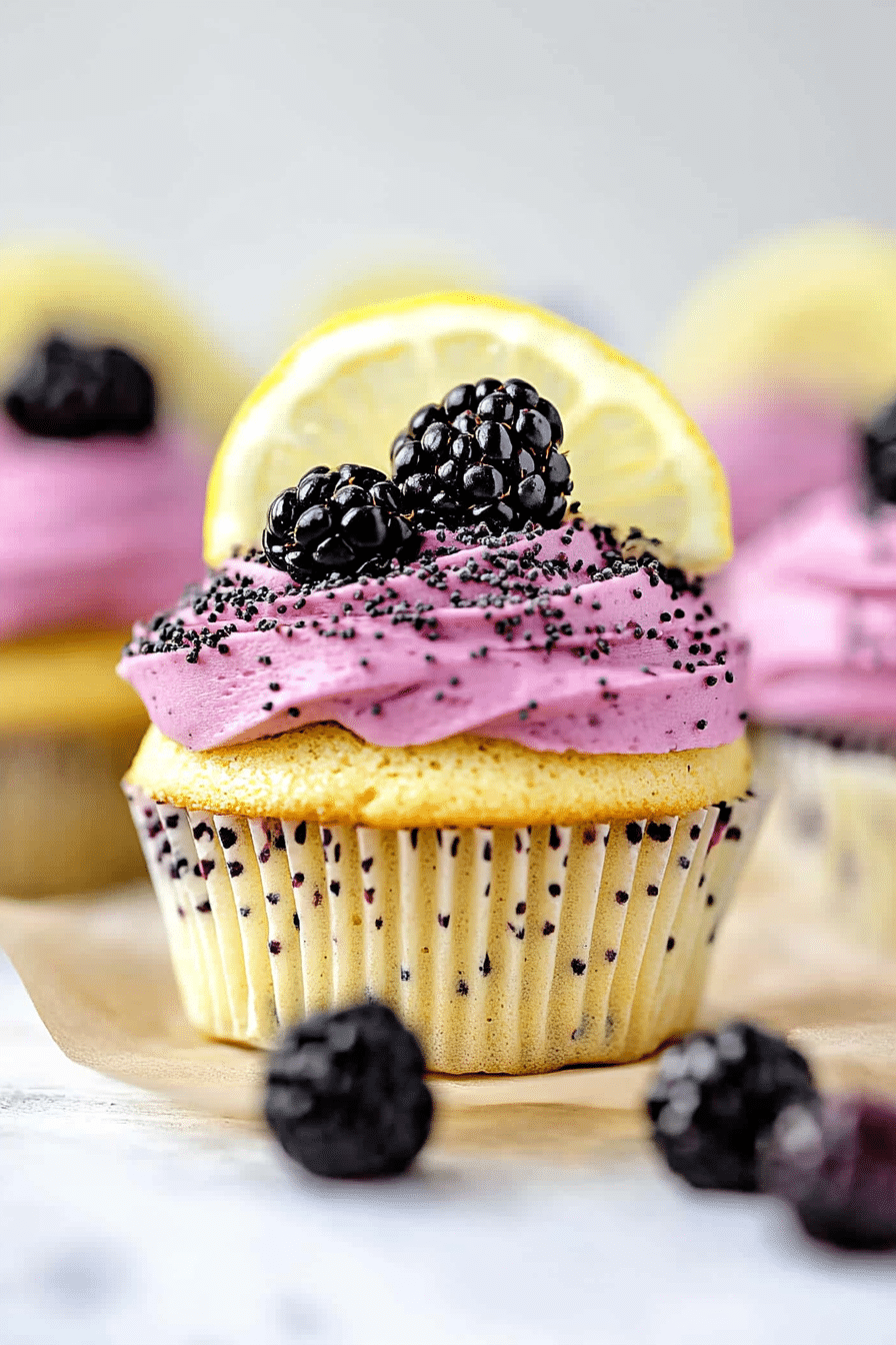 Lemon Poppy Seed Cupcakes with Blackberry Frosting