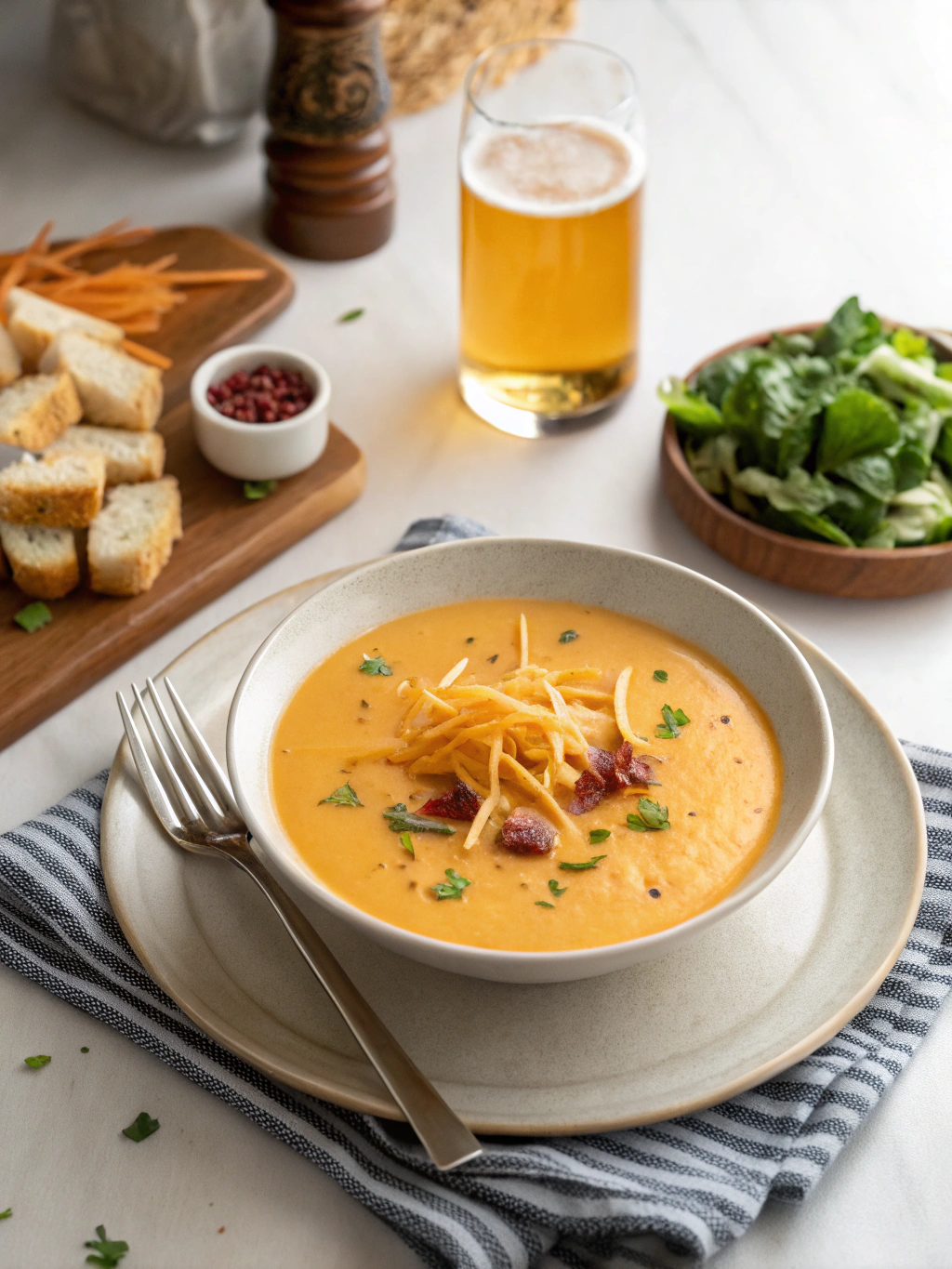 Beer and Cheddar Cheese Soup Recipe serving suggestion