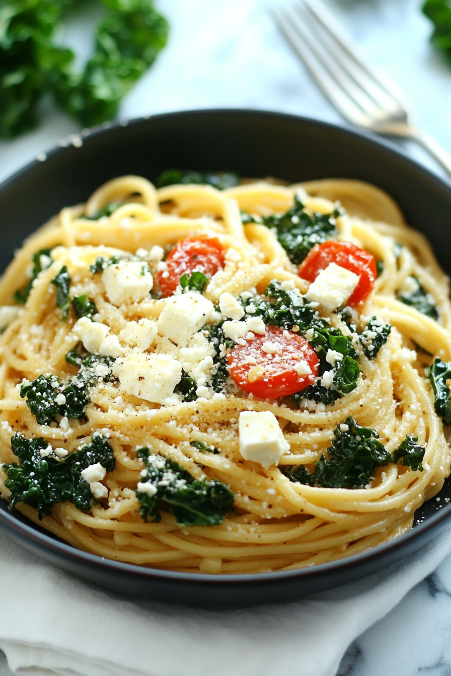Kale and Feta One-Pot Pasta Recipe Final Dish Presentation