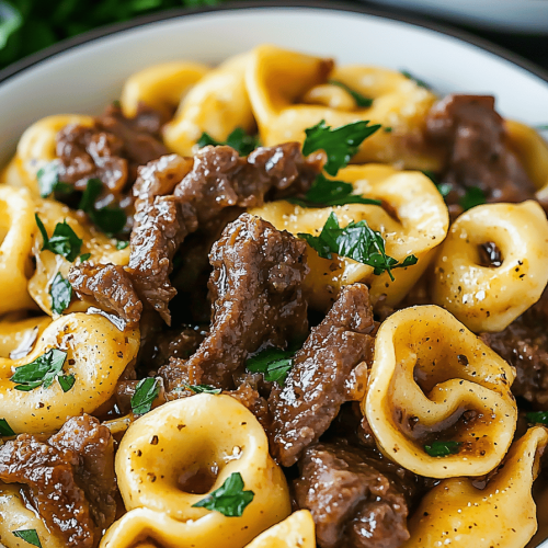 Cheesesteak Tortellini in Provolone Sauce