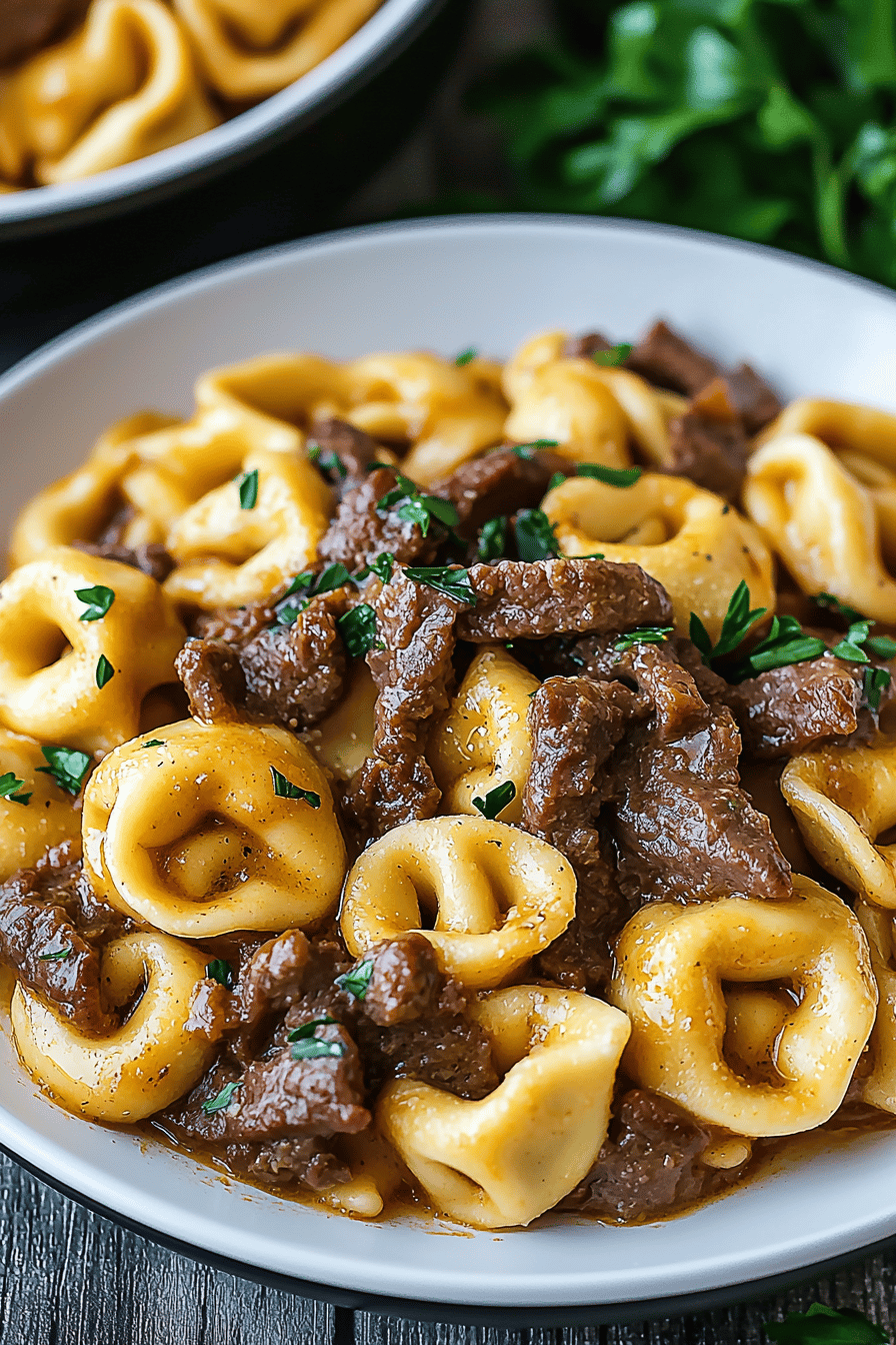 Cheesesteak Tortellini in Provolone Sauce Final Dish Presentation