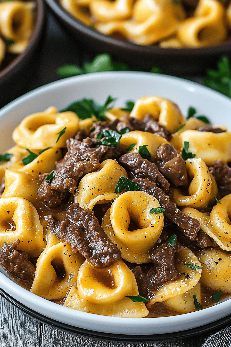 Cheesesteak Tortellini in Provolone Sauce Final Dish Presentation