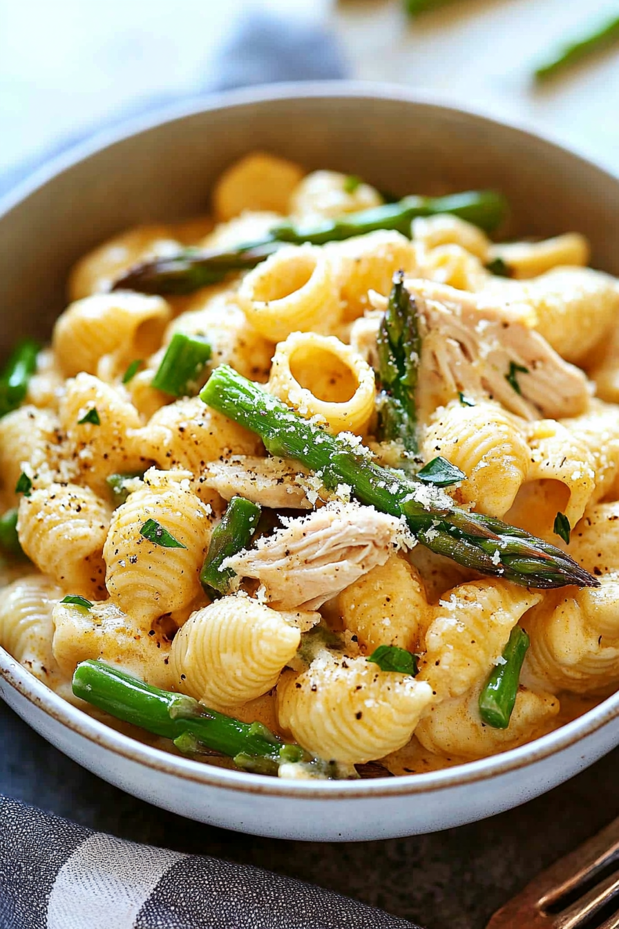 Creamy Chicken Asparagus Pasta Shells and Cheese Recipe Final Dish Presentation