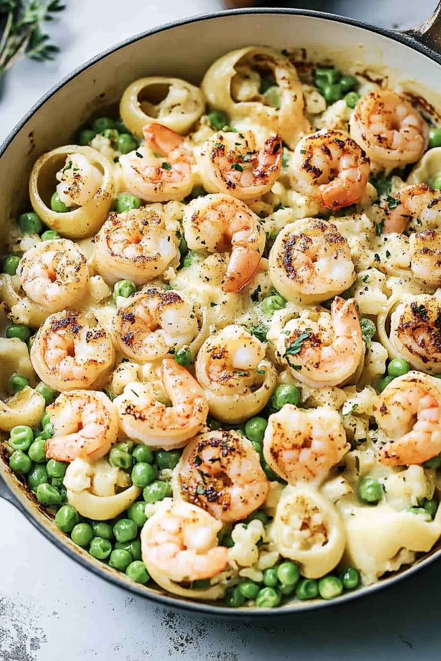 Creamy White Cheddar Shells with Shrimp and Peas Recipe Final Dish Presentation