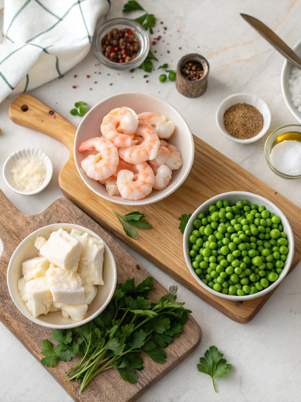 Creamy White Cheddar Shells with Shrimp and Peas Recipe ingredients