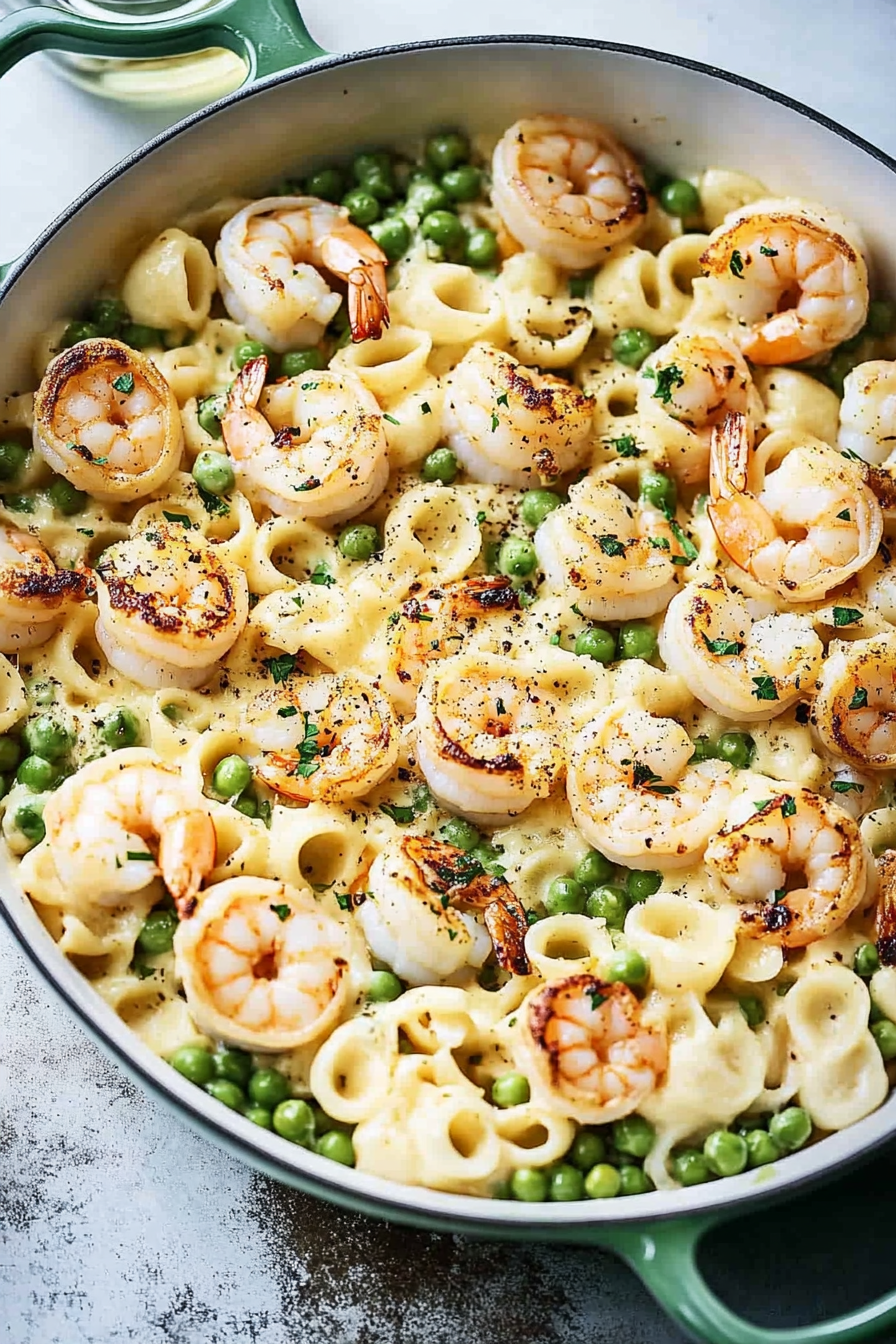 Creamy White Cheddar Shells with Shrimp and Peas Recipe