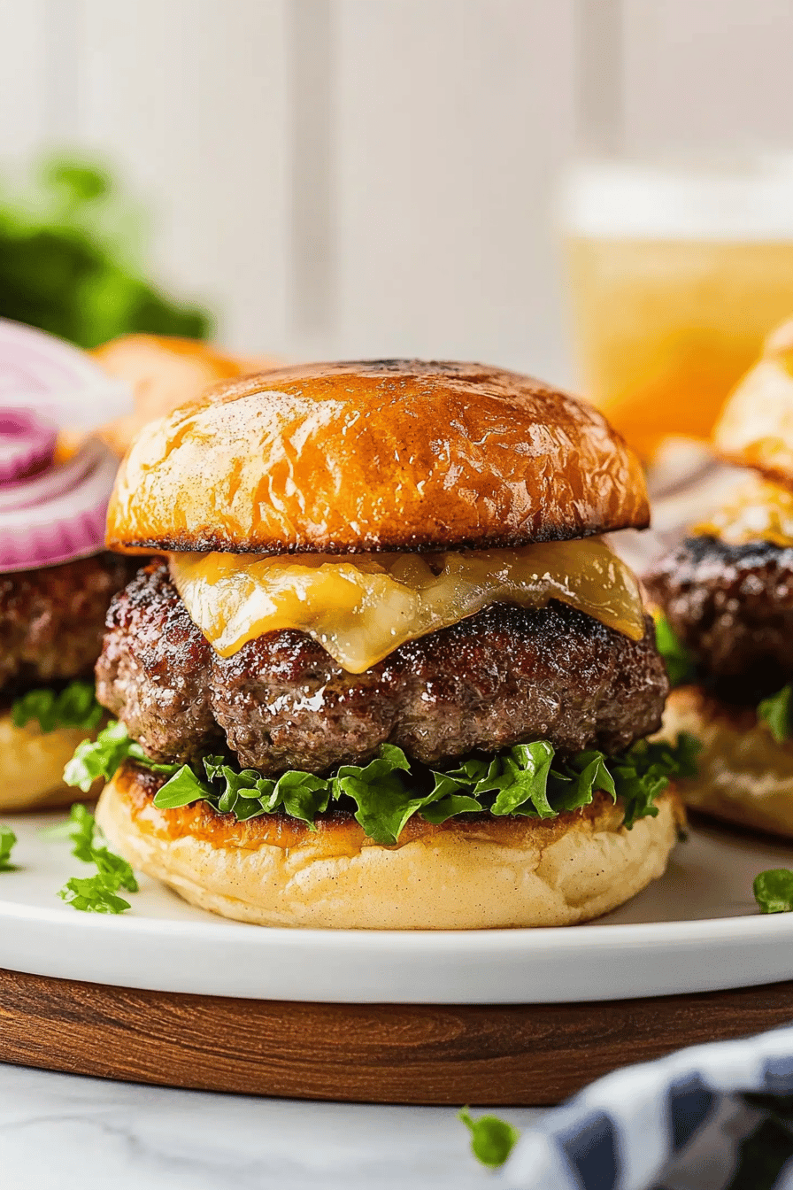Easy Air Fryer Cheese-Stuffed Burgers Final Dish Presentation