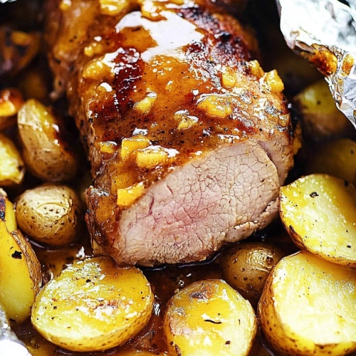 Grilled Peach Glazed Pork Tenderloin with Foil Packet Potatoes Recipe
