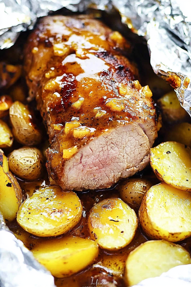 Grilled Peach Glazed Pork Tenderloin with Foil Packet Potatoes Recipe