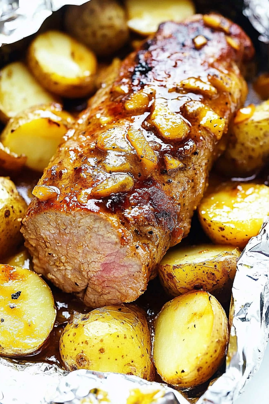 Grilled Peach Glazed Pork Tenderloin with Foil Packet Potatoes Recipe Final Dish Presentation