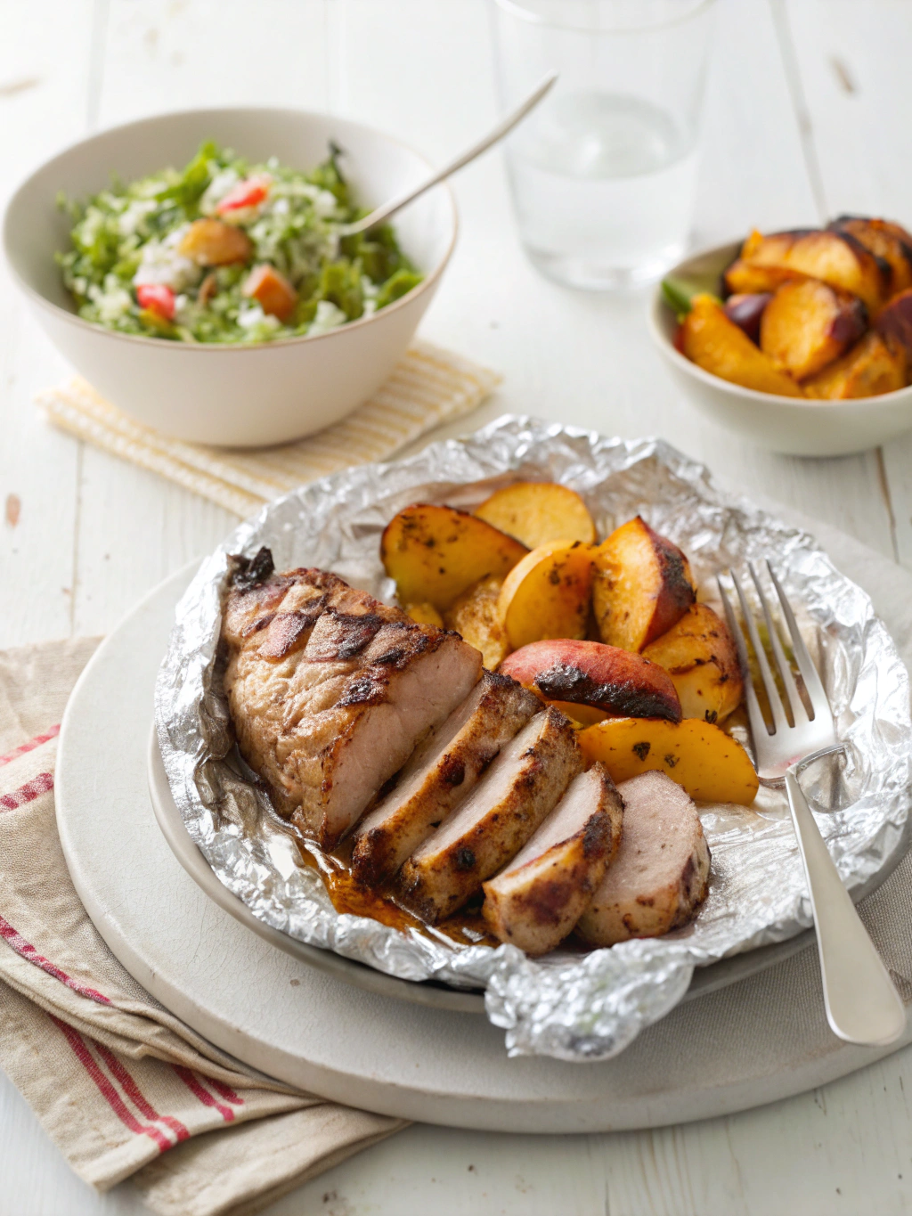 Grilled Peach Glazed Pork Tenderloin with Foil Packet Potatoes Recipe serving suggestion