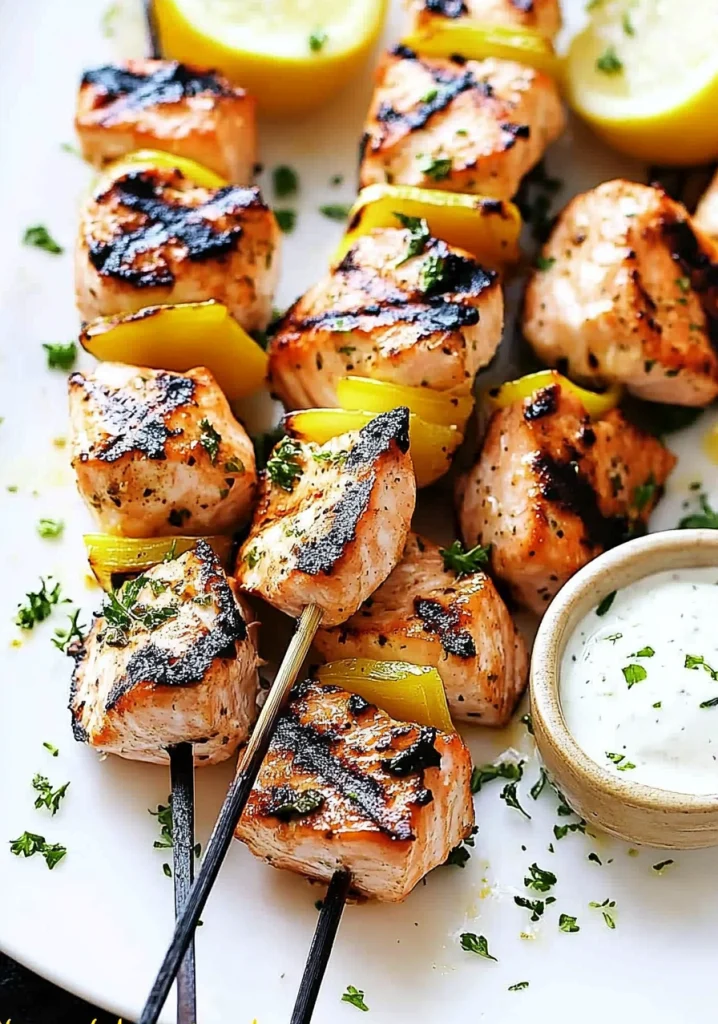 Grilled Salmon Kabobs with Garlic Yogurt Sauce Recipe