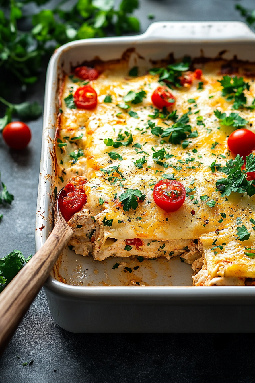 Mediterranean Chicken Enchilada Casserole Recipe Final Dish Presentation