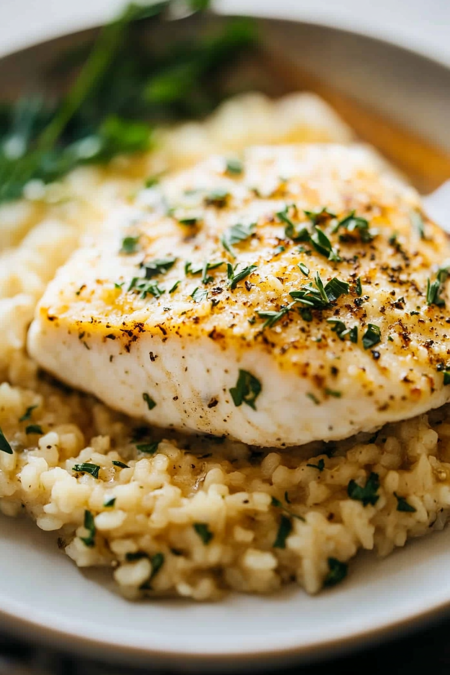 One-Pan Risotto with Garlic Herb Tilapia Recipe Final Dish Presentation