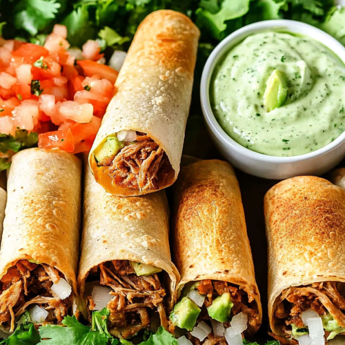 Oven-Baked Pulled Pork Flautas Recipe with Avocado Crema