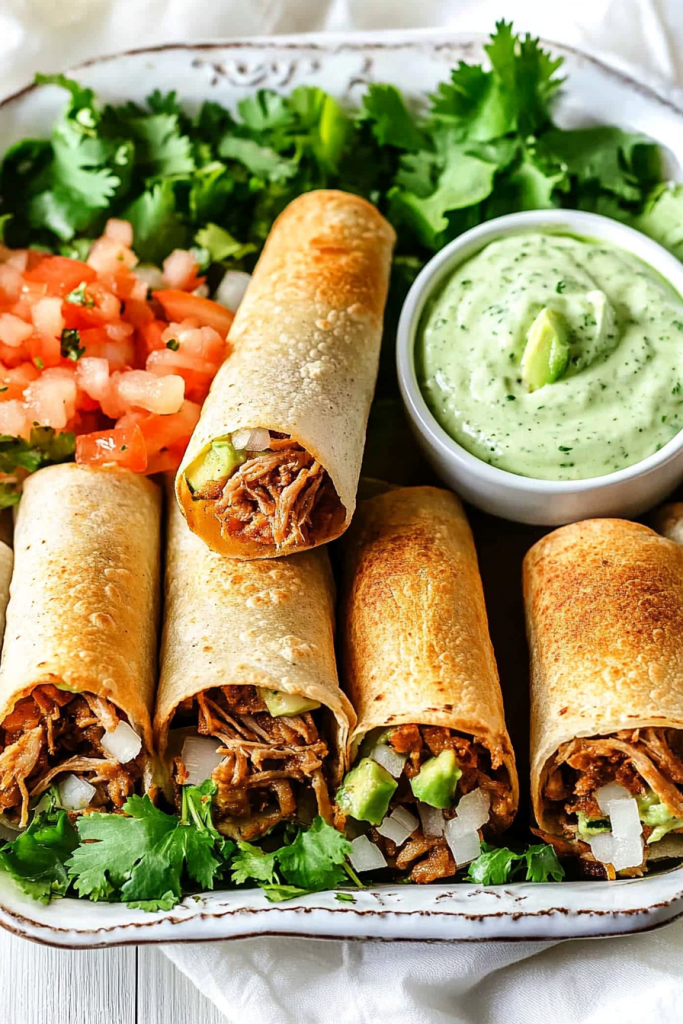 Oven-Baked Pulled Pork Flautas Recipe with Avocado Crema