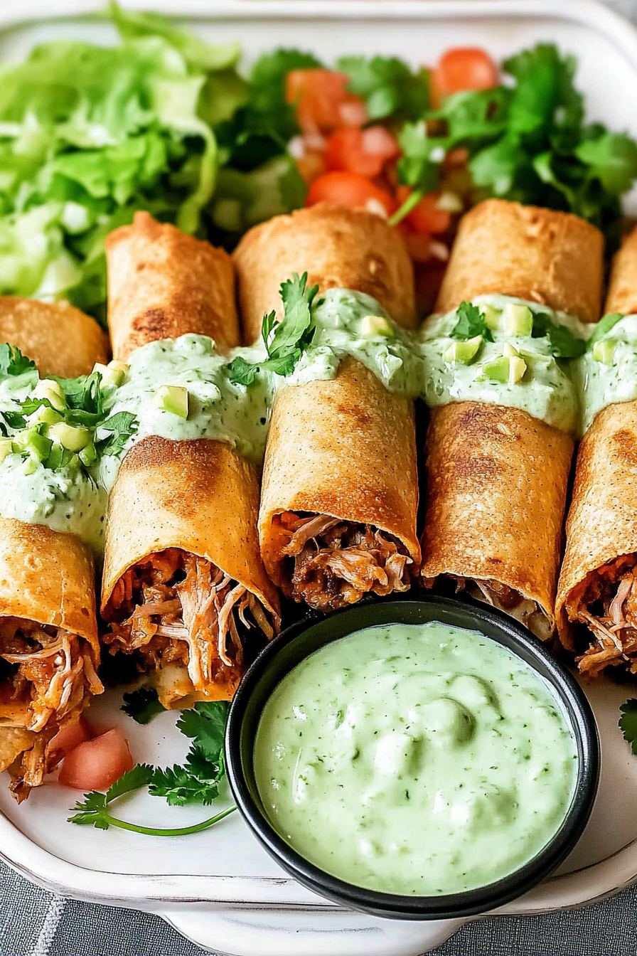 Oven-Baked Pulled Pork Flautas Recipe with Avocado Crema Final Dish Presentation