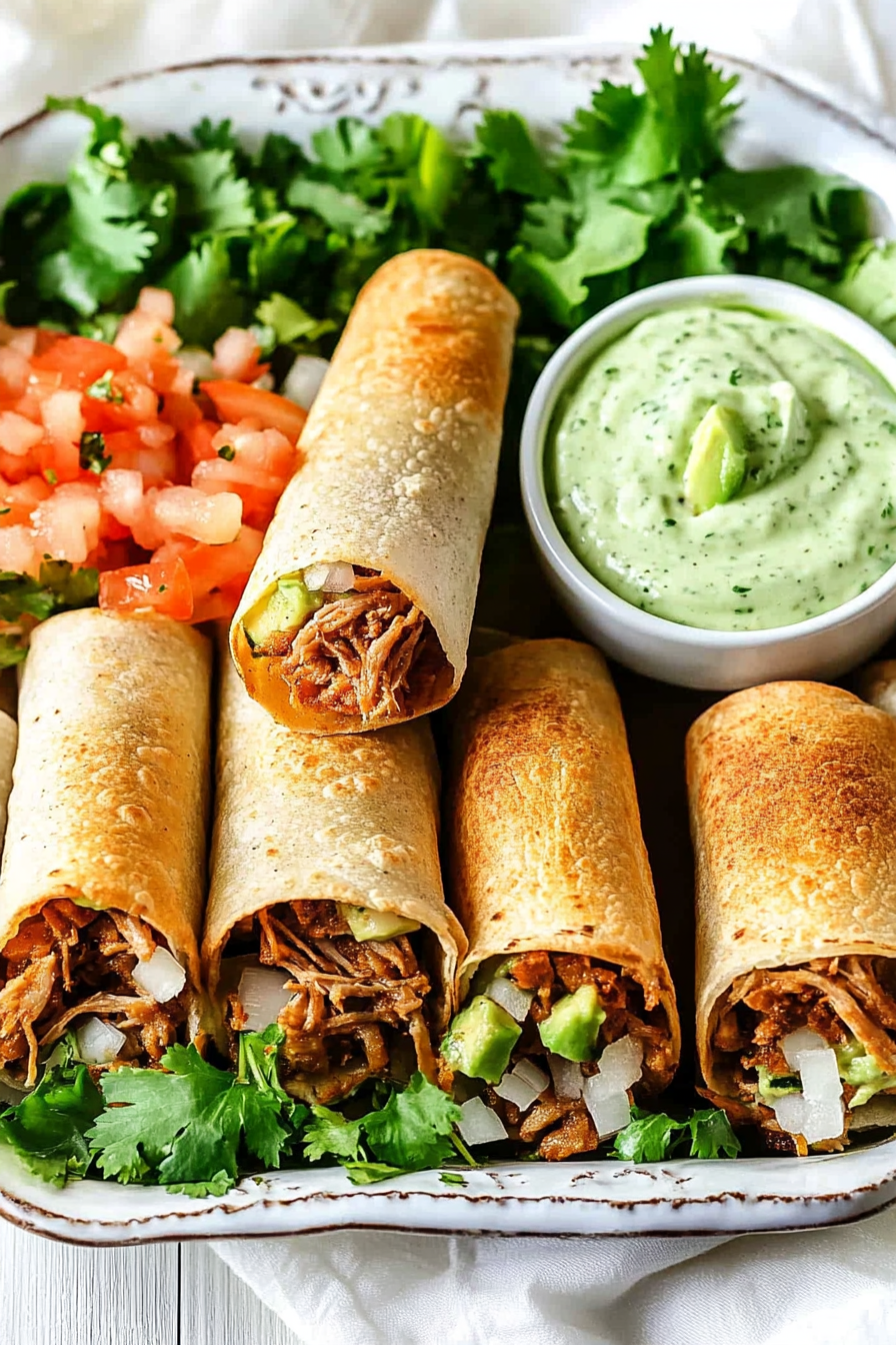 Oven-Baked Pulled Pork Flautas Recipe with Avocado Crema