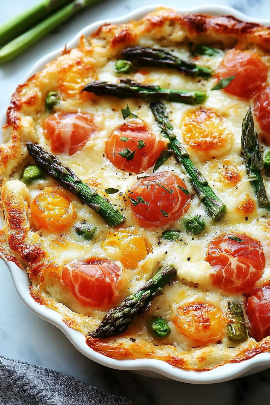 Overnight Breakfast Strata with Prosciutto and Asparagus Recipe Final Dish Presentation