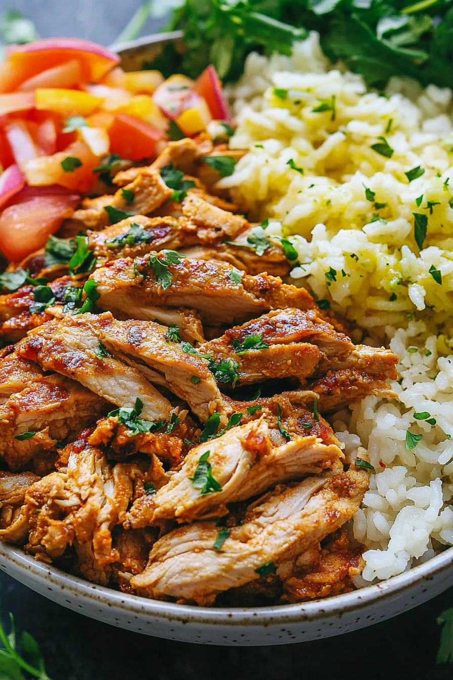 Pulled Tandoori Chicken and Rice Bowls Recipe Final Dish Presentation