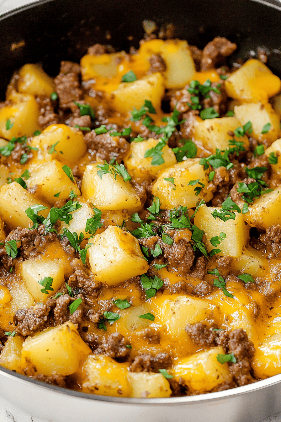 Easy Cheesy Beef and Potatoes Skillet Final Dish Presentation