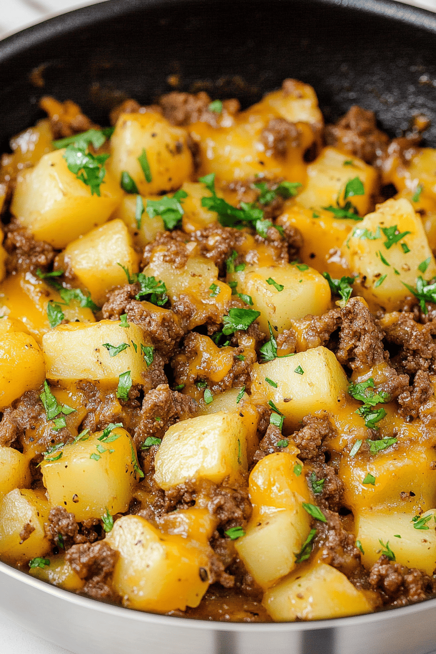 Easy Cheesy Beef and Potatoes Skillet Final Dish Presentation