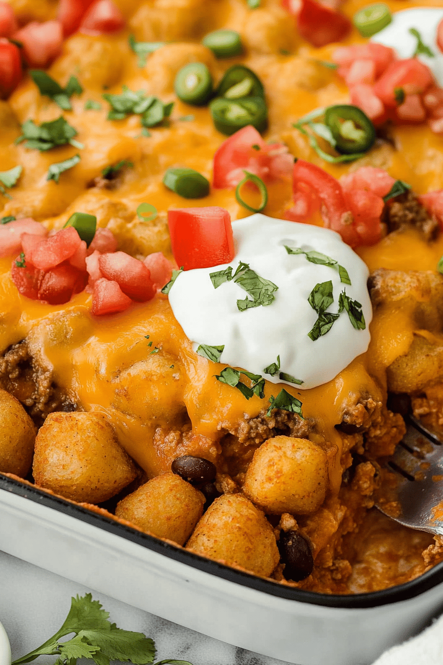 Easy Cheesy Taco Tater Tot Casserole Recipe Final Dish Presentation
