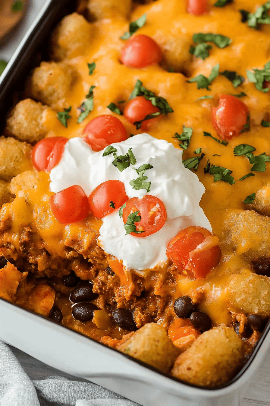 Easy Cheesy Taco Tater Tot Casserole Recipe Final Dish Presentation