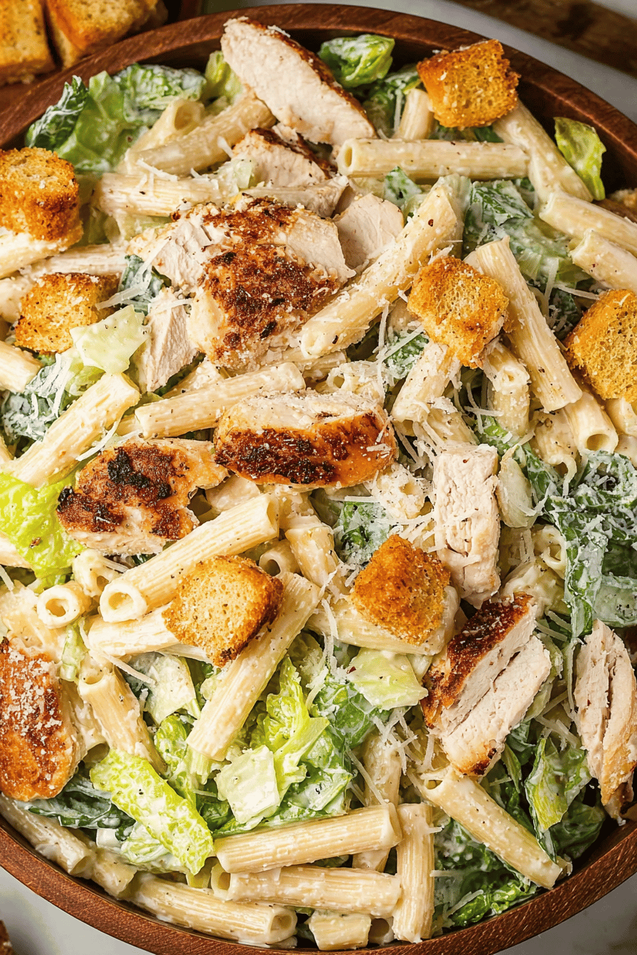 Easy Chicken Caesar Pasta Salad Recipe Final Dish Presentation