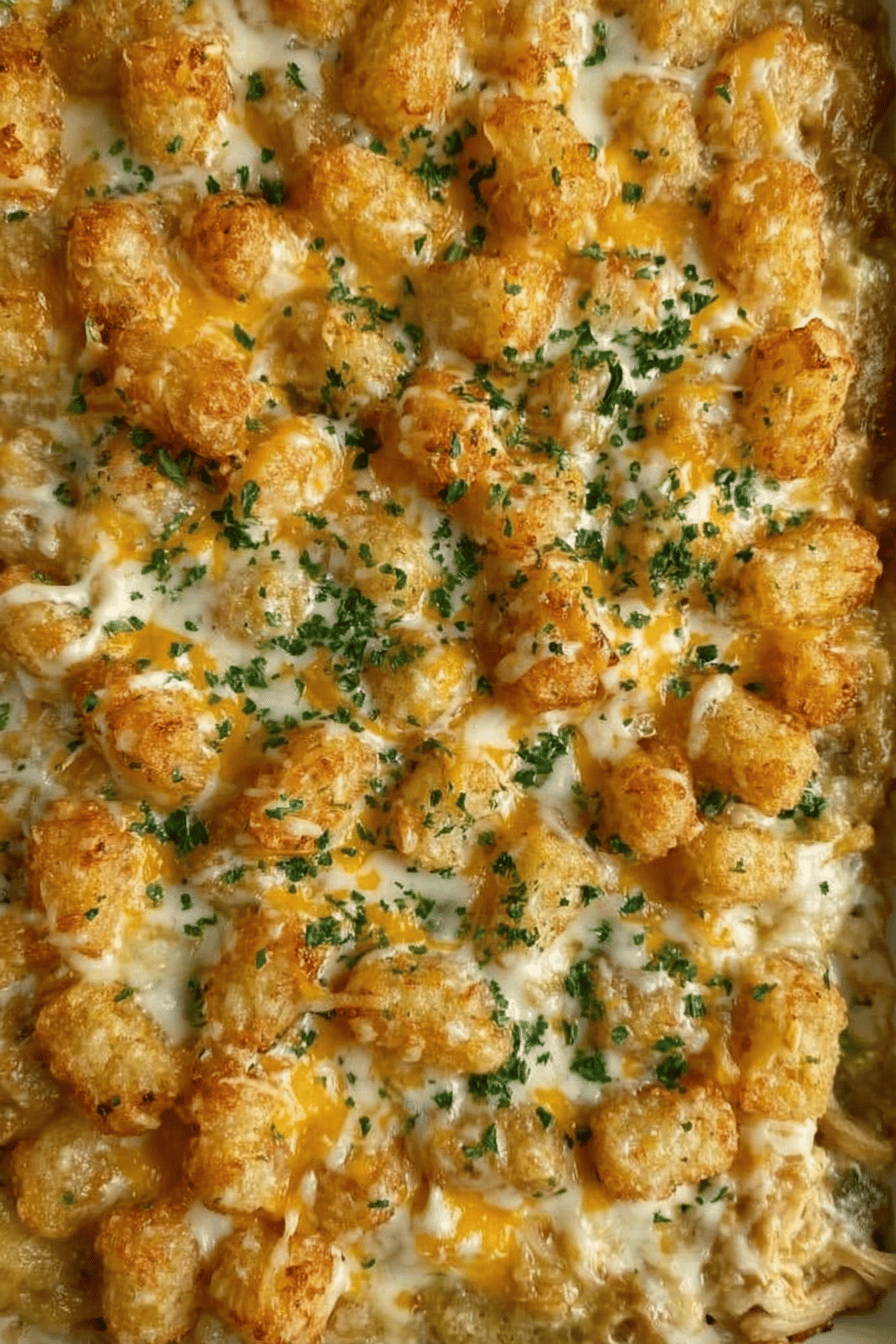 Easy Chicken Pot Pie Tater Tot Casserole Final Dish Presentation