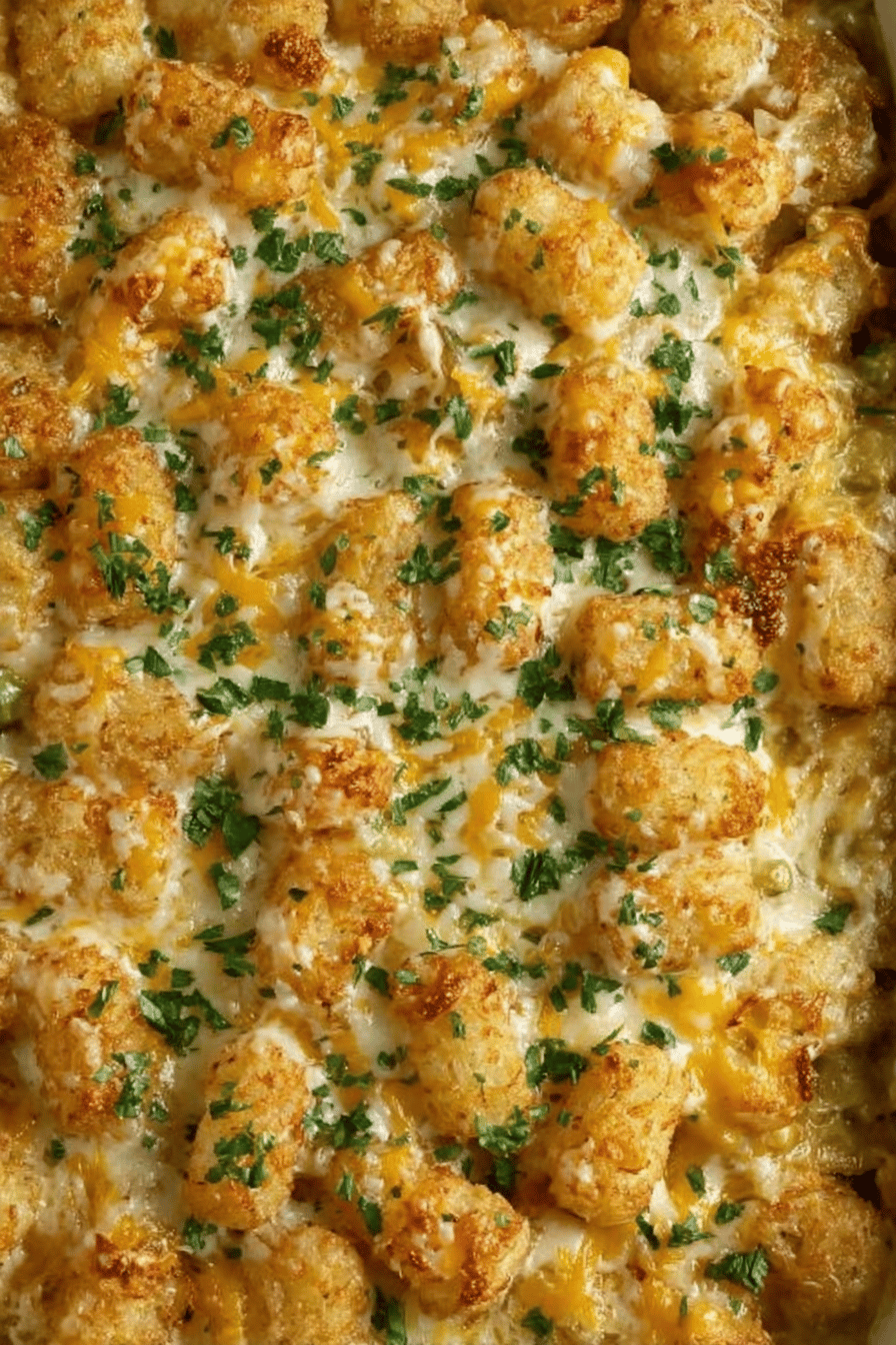 Easy Chicken Pot Pie Tater Tot Casserole Final Dish Presentation