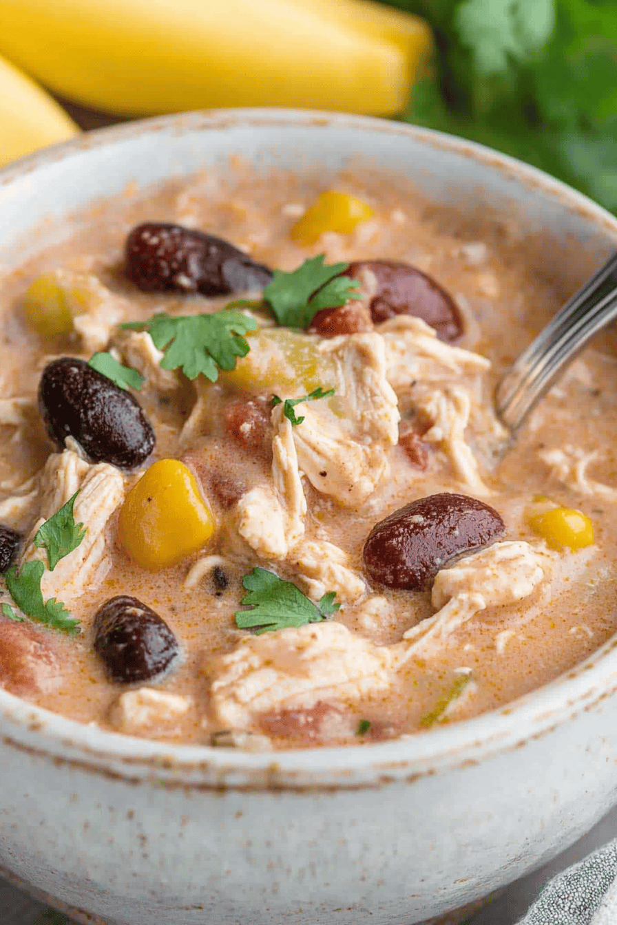 Easy Crock Pot Cream Cheese Chicken Chili Final Dish Presentation