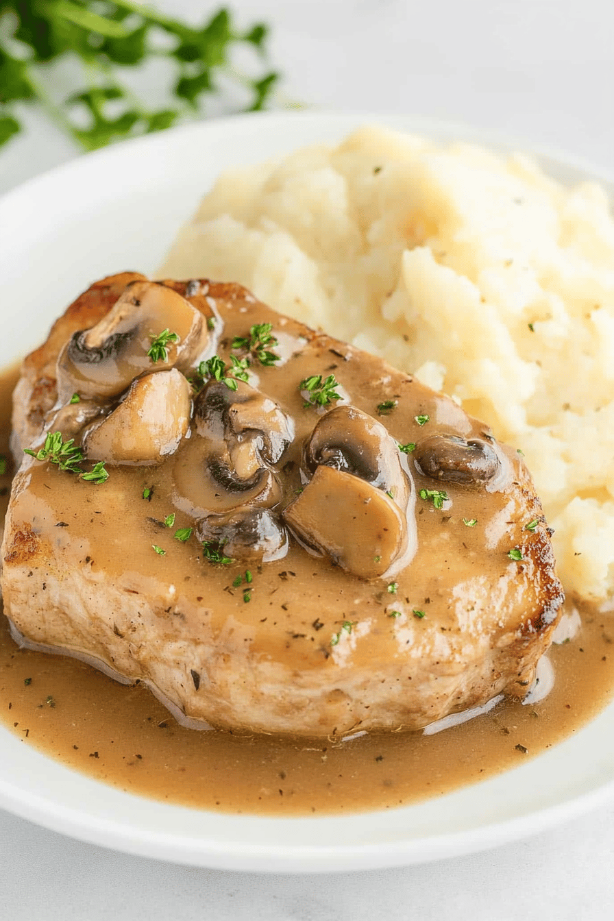 Easy Crockpot Mushroom Pork Chops Final Dish Presentation