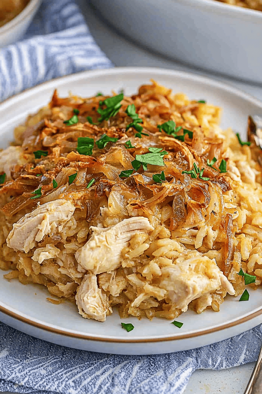 Easy French Onion Chicken and Rice Casserole Final Dish Presentation