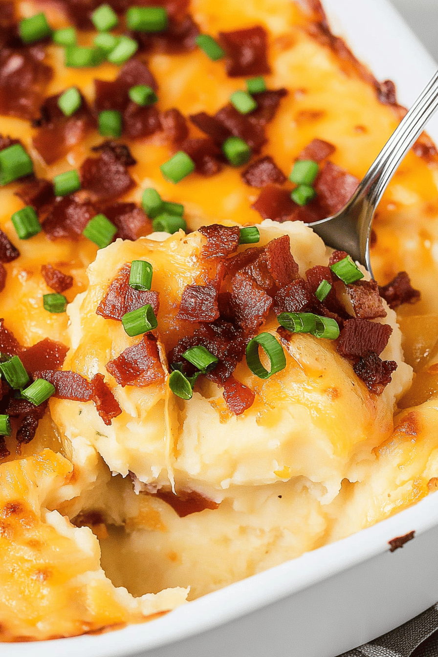 Easy Loaded Mashed Potato Casserole Recipe Final Dish Presentation
