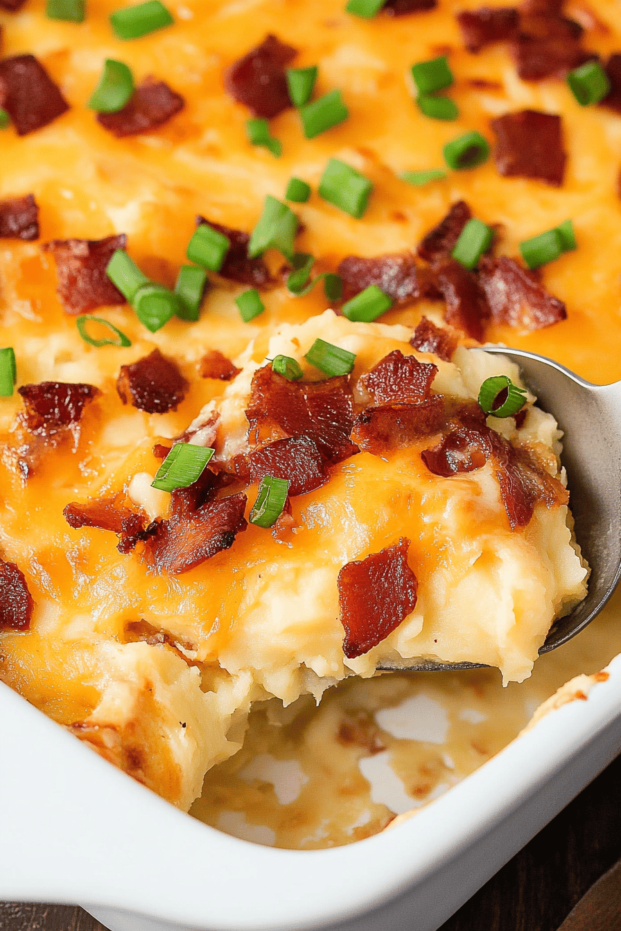 Easy Loaded Mashed Potato Casserole Recipe Final Dish Presentation