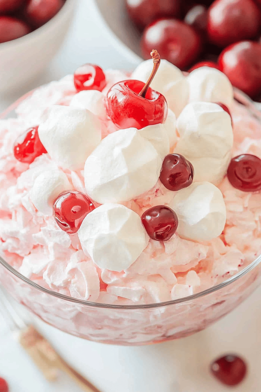 Easy Marshmallow Cherry Fluff Recipe Final Dish Presentation